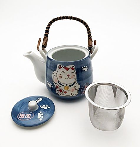Японски Чай Лъки Cat Maneki Neko, Керамични Кана с дръжка от Ратан и 4 Чаени чаши (Син)
