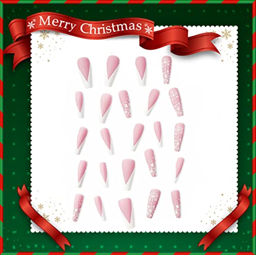 RODAKY Розови Коледни режийни ноктите под формата на гроб, Бяла V-образна Matte наклеечка на ноктите с Снежинкой, дизайн с акрил на ноктите