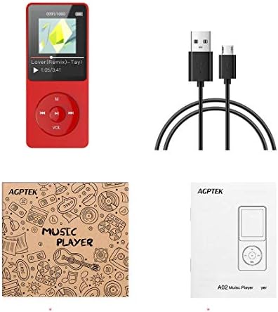 MP3-плейър AGPTEK А02 обем 8 GB, възпроизвеждане на звука без загуба на 70 часа, Музикален плейър, поддържа до 128 GB, червен