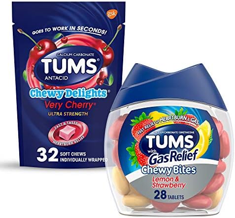 Tums Chewy Delightes Меки дъвчащи таблетки, много череша, 32 порции, и Tums Chewy Bites, Антацидное средство за облекчаване на газове,
