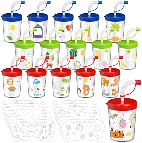 Nuanchu 16 Опаковки, Раскрасьте свои собствени Чаши за деца, Раскрасьте своя собствена Чаша за кафе, Цветни Чаши с Капаци и Соломинками