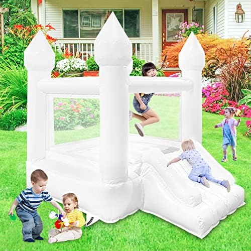 Малка Напълно Бяла Къща-замък за деца с пързалка, Надуваем [Твърд PVC] Надуваема Легло за скок на Рождени Дни на малки Деца, Домашен