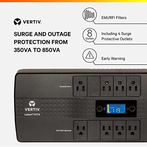 UPS Vertiv Liebert PST5 350VA 200W с резервно захранване от батерия и защита от пренапрежение, осем контакти и тригодишна