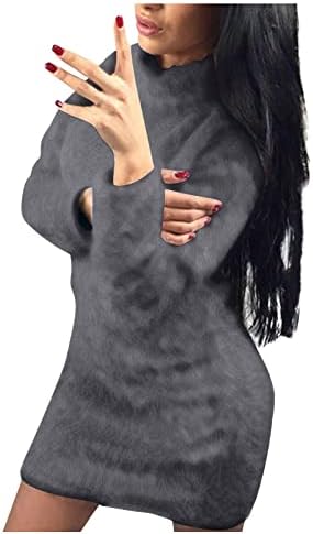 Женствена Рокля-пуловер Миди с кръгло деколте и Дълъг Ръкав, Плюшевое Рокля-Пуловер с намаляване на врата, Рокля-Пуловер, Възли
