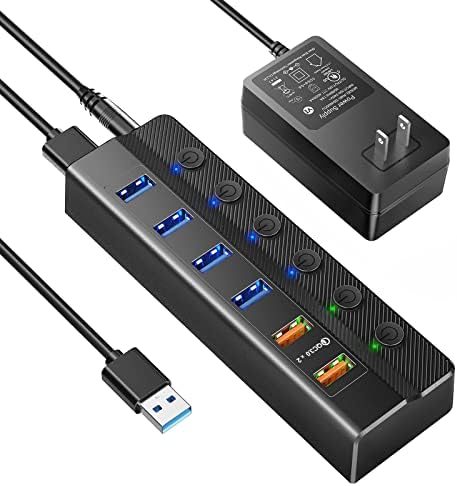 Хъб USB 3.0 с мощността, 6-портов USB хъб LURMMUE (4 порт за пренос на данни USB 3.0 и 2 порта за зареждане QC 3.0) с отделни изходи за