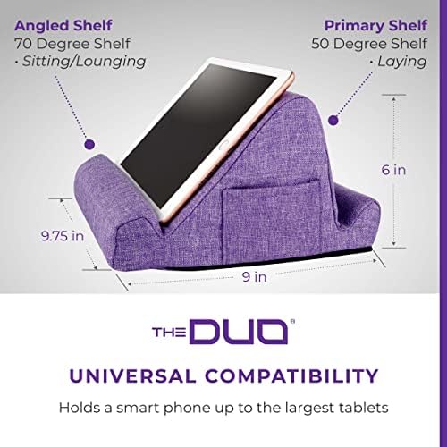 Многоугольная поставка DUO за iPad, таблет, телефон - Поставка за таблета на възглавница със странични джобове - Преносим стойка за таблет за пътуване и работа от дома -