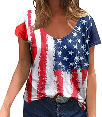 ZDFER Тениска на Деня на Независимостта за Жени, Блузи с V-образно деколте и Къс Ръкав, Блуза с Принтом на Американското, Ежедневни Графични Тениски