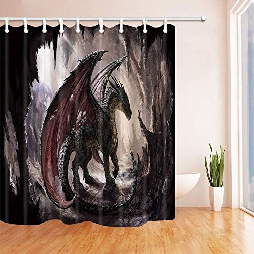 Завеса за душ с КОТОМСКИМ дракон и ПЕЩЕРАТА (Завеса за душ 69X70 инча)