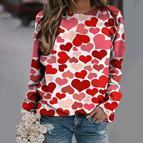 Oplxuo Hoody с графичен принтом Love Heart за Жени, Пуловер за Свети Валентин, Тениски, Блузи с Дълъг Ръкав, Блуза с кръгло деколте и