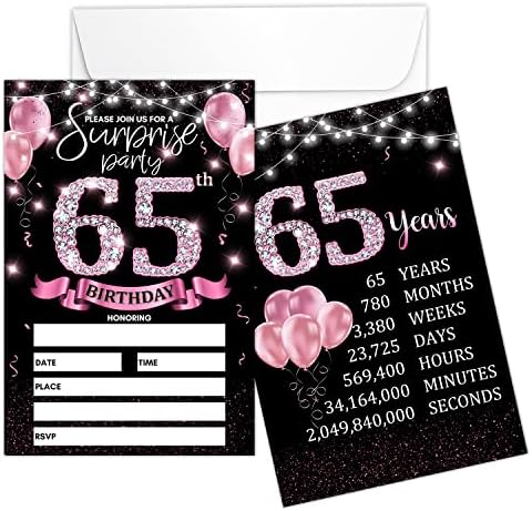 покана карта на парти в чест на 65-годишнината на Покани от розово злато с надпис рожден Ден На гърба, Двустранните покани за попълване