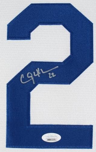 Доджърс Клейтън Kershaw Подписа Бяла Фланелка Majestic, В Рамката на JSA - Тениски MLB С автограф