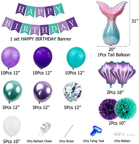 Украса за Рожден Ден Русалка Cooshine, Комплект Балони за Партита малката Русалка за Момичета, Банер Happy birthday, Опашката
