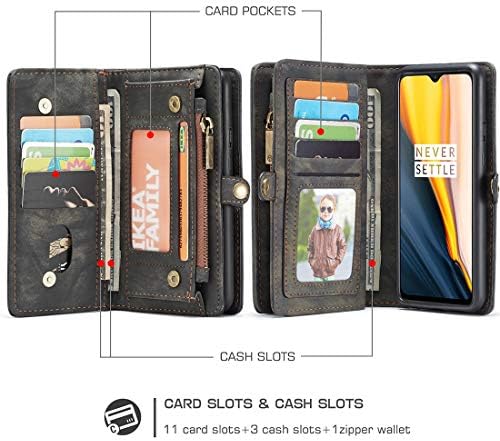 Калъф SZCINSEN за OnePlus 7, мултифункционален кожен калъф-портфейл за мобилен телефон, кожен калъф с цип и сменяем магнитен калъф за телефон (с 11 отделения за карти) Калъф п