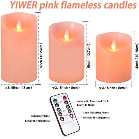 Комплект от 3 Беспламенных свещи YIWER Pink: Истински восък без капки 4 5 6 с 10-Клавишным дистанционно управление с функция таймер на 2/4/6/8