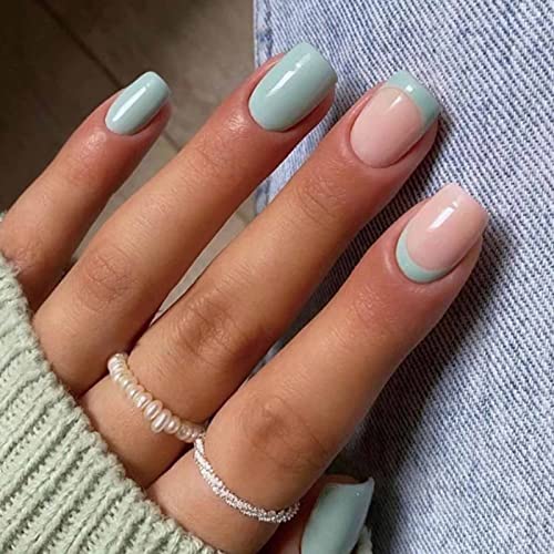Hkanlre, нажимные нокти, къси френски режийни нокти, красиви зелени режийни ноктите с пълно покритие за жени и момичета, 24 бр.
