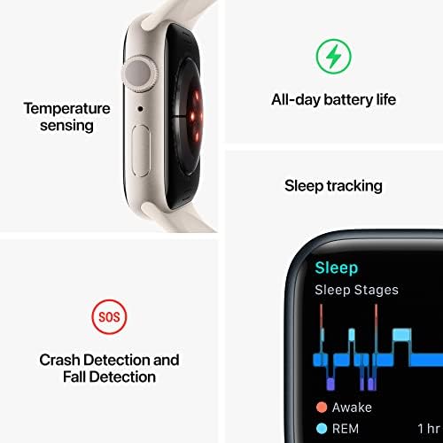 Смарт часовници Apple Watch Серия 8 [GPS 45 мм] с алуминиев корпус Полунощ и каишка Midnight Sport Band - M/L. Фитнес Следа, както и приложение за измерване на ниво на кислород в кръвта и