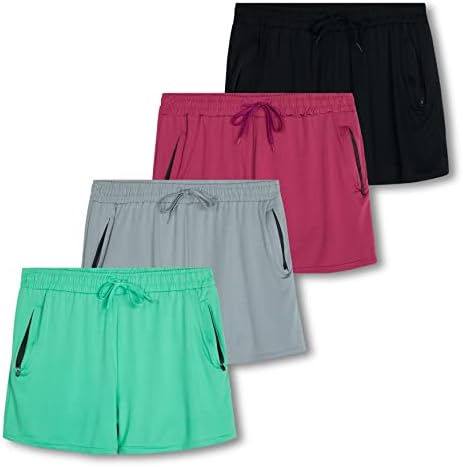 Real Essentials 4 опаковки: Дамски шорти суха засаждане за активни спортни занимания с джобове с цип (на разположение в големи размери)