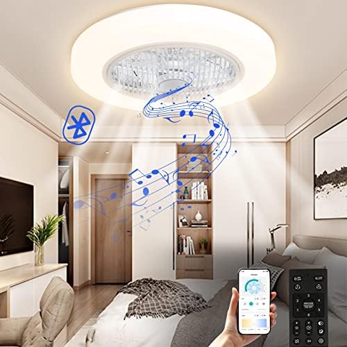 Вентилатор на тавана TCFUNDY с подсветка и високоговорител, Bluetooth, 22-Цолови Затворени са Нископрофилни Вентилатори с подсветка,
