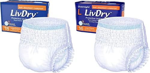 Бельо LivDry за възрастни при инконтиненция на урината, Повишена абсорбция с комплект комфорт за една нощ - Голяма, Чанта