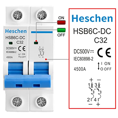 Миниатюрен автоматичен прекъсвач за постоянен ток, Heschen, HSB6C-DC, 2 полюса, DC500V 32A, Фотоелектричния Автоматичен прекъсвач, за Слънчева фотоволтаична система, Система за