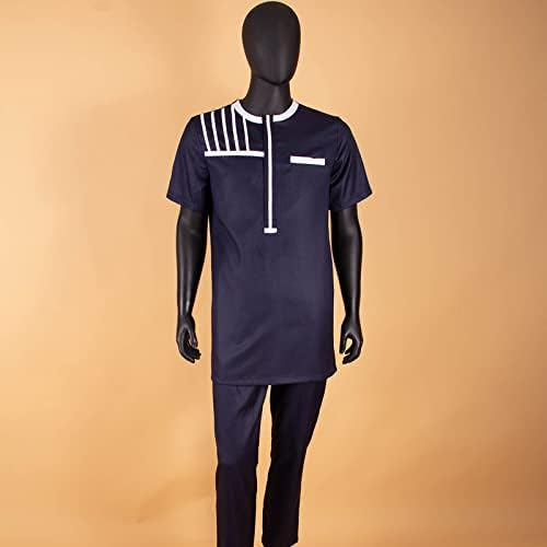 Африканска Облекло за Мъже, Ежедневна Блуза с Къс Ръкав, Панталони, Комплект от 2 теми, Басейн Riche, Джобове, Мъжки Спортен Костюм,