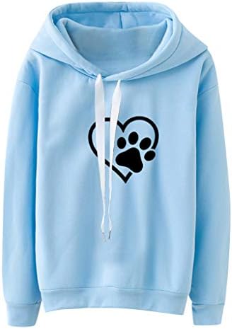 JFLYOU Дамски Сладка Тениска с изображение на Следи от Куче и Сърце с Дълъг Ръкав, Hoody С Качулка, Пуловер, Блуза