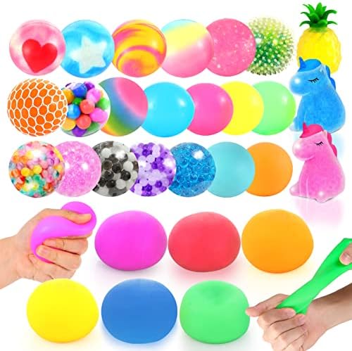 Сензорни топки за облекчаване на стреса OleOletOy за деца и възрастни - 24 опаковки и 6 за опаковките на меки детски играчки-непосед за облекчаване