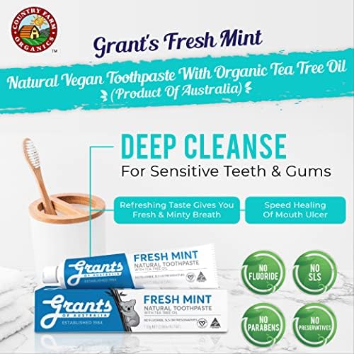 Натурална паста за зъби 3X Grants of Australia Fresh Mint с масло от чаено дърво 110 г, Подходящ за Чувствителни венци и зъби,