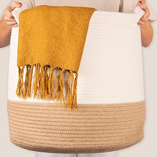 Кошница за плетеного одеяла GooBloo - 17 x 17 инча - Голяма, Висока Декоративна кошница за дрехи с дръжки - за Съхранение на Памук въже, за детска стая или хол