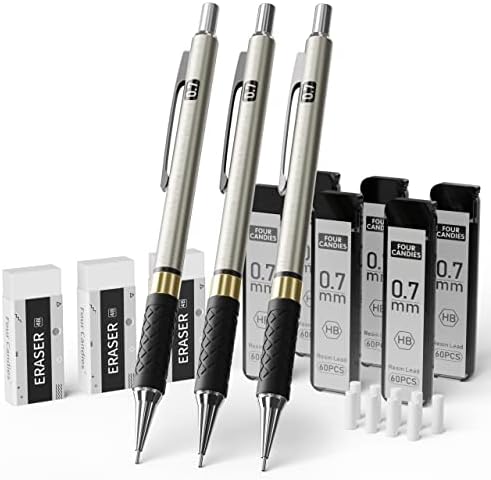 Набор от метални, механични моливи FourCandies - 3 бр. Художествени Механични Моливи 0,7 мм и 360 бр. Сменяеми грифели HB и 3 бр. гумички