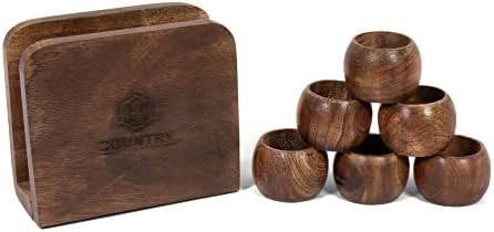 Концепцията за Кънтри - Селска титуляр за салфетки за маса и Комплект от 6 дървени халки за салфетки - Дървен държач за кърпички - Комплект пръстени за салфетки с тап?