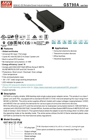 Тенис на адаптер MW Mean Well GST90A12/15/19/24/48- Надежден промишлен адаптер P1M Industrial IEC320-C14 Type C зелено (GST90A48-P1M)