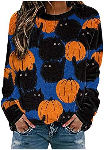 Hoody с Дълъг ръкав и принтом на Хелоуин, на Женска Блуза, Сладка Тиква и Черна Котка, Всекидневни Свободен Пуловер с Кръгло