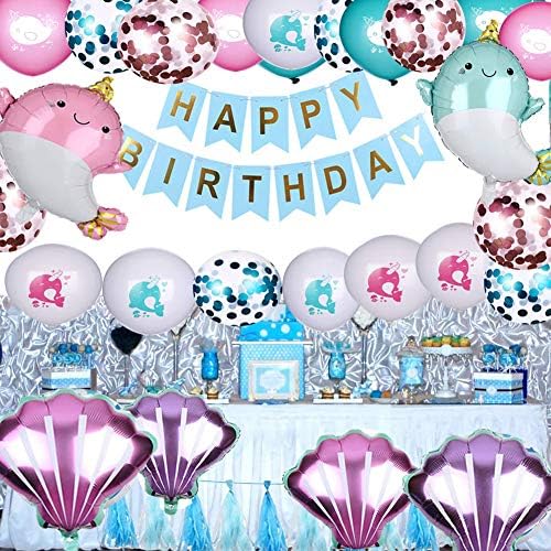 Бебешки комплект, подходящ за парти в чест на рождения Ден на с Нарвалом, Украса за рожден Ден в теми Нарвала Включват топки с участието на Нарвала, Topper за кифли в те?