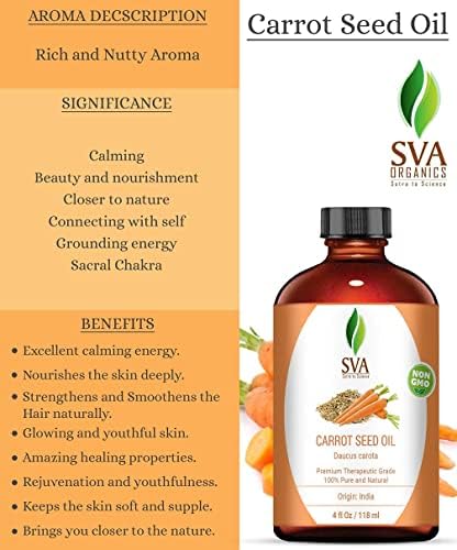 Масло-носител от семена на моркови SVA Organics с капкомер - 118 мл (4 ет. унция) Чисто, органично, студено пресовано терапевтичен клас за Хидратирана кожа, лъскава коса, Аром