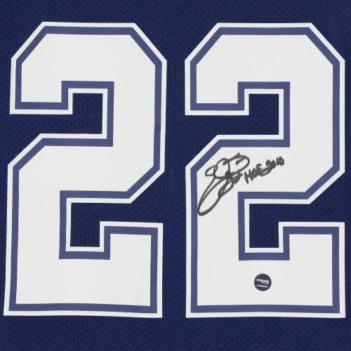 Emmitt Смит Далас Ковбойз С автограф Navy Mitchell & Ness, Неподправена Тениска 1995 г. съобщение, с надпис HOF 2010 - Тениски NFL с автограф