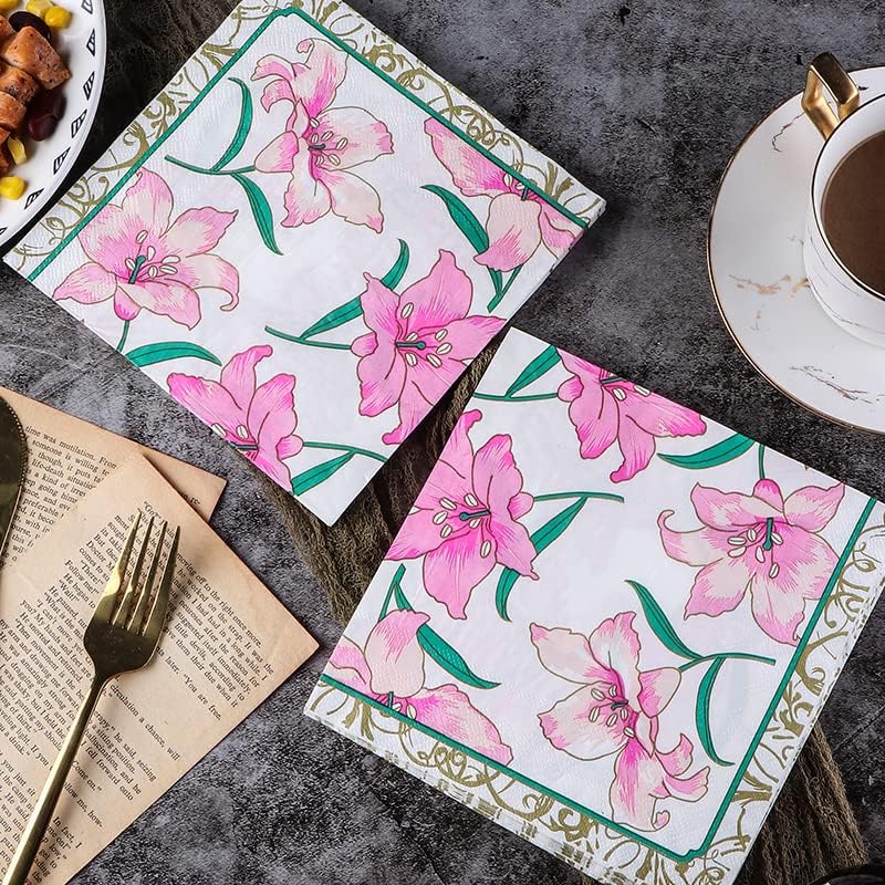 100 Опаковки декоративни салфетки за хранене - за Еднократна употреба хартиени салфетки за партита с модел под формата на цветето лотос, идеални за украса на годишни