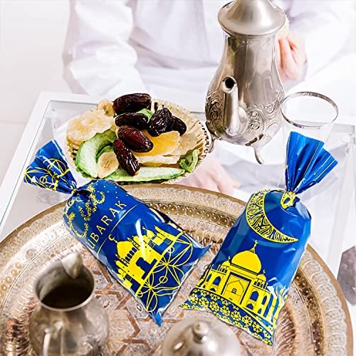 GITMIWS 100 бр. Подаръчни Пакети на Ейд Мубарак, Сини, Златни Пакети за празничните предложения на тема Рамадан с Принтом Ейд Мубарак на