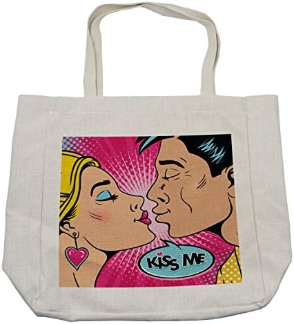 Чанта за пазаруване Ambesonne Kiss Me, Ретро Фигура на Младата Двойка, Целующейся в стил поп-арт с полутоновыми в кръг на заден