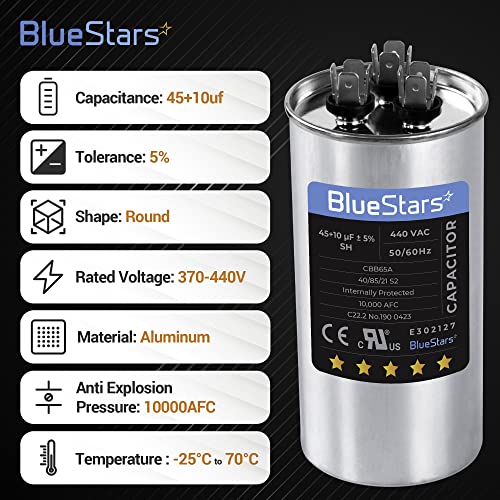 BlueStars 45+10 icf ±5% 45/10 MFD 370/440 ac Двойна Стартера през Цялата Кондензатор 50/60 Hz 10000AFC за директно охлаждане на кондензатора или стартиране на климатика е с топлинна помпа ил