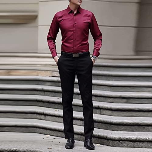 Мъжки Лека Ежедневни Класическа Риза Regular Fit, Ризи с копчета, Обикновена Риза с дълъг ръкав, Без бръчки (Червено Вино,