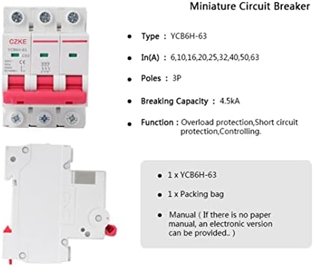 Миниатюрен автоматичен прекъсвач SCRUBY YCB6H-63 3P MCB със защита от претоварване, 3 полюс, закрепване към Din релса, които се разпределят капацитета на 6A/10A/16A/20A/25A/32A (Цвят: 3, р?