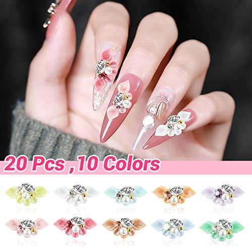3D Цветя Амулети за нокти, 20 Бр, Акрилни Амулети за дизайн на ноктите под формата на Цветя, Перли Листенца, Скъпоценни Камъни,