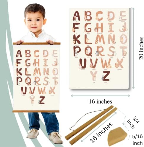 Платно, плакат с азбука за деца - 16x20 детска азбука, стенен декор на лененото платно, с магнитна с дървена рамка | Декор на класната стая в стил бохо или неутрален деко
