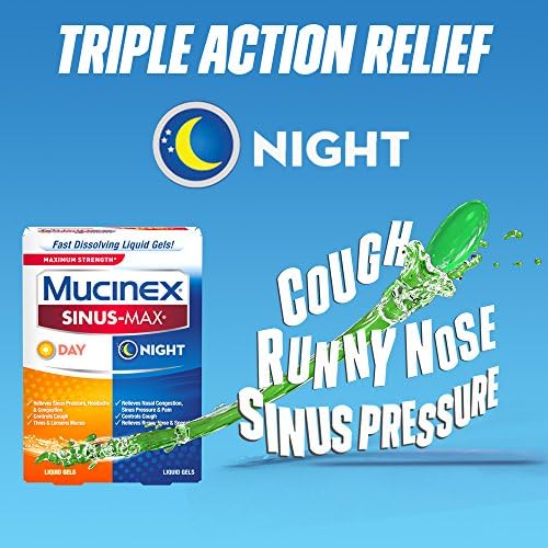 Течни гелове Mucinex на Синусите-Max Max Strength Day & Night (24 карата) Облекчаване на налягането в синусите на носа и ги запушен,