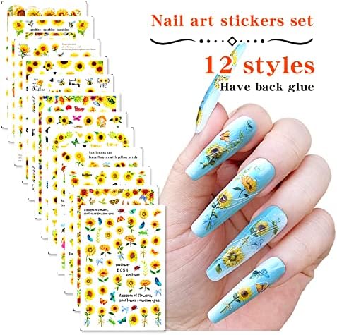 Стикери за нокти, 12 Листа Нийл Арт със Слънчогледи, YAWALL 3D Самозалепващи Декорации за Нокти Арт, Годишни Стикери за