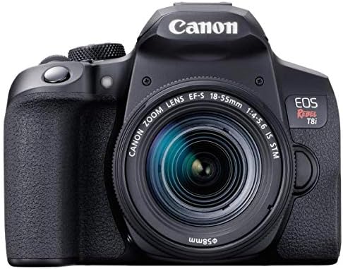 - Рефлексен фотоапарат Canon EOS Rebel T8i с обектив 18-55 мм, Комплект с чанта, SD карта с обем 32 GB, пакет филтри, софтуер за редактиране на снимки Mac, комплект за почистване и Акс