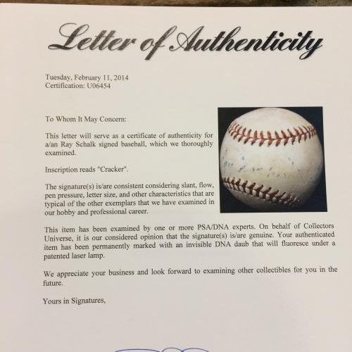 Рей Шальк Подписа Сингъл на Американската лига бейзбол Харридж PSA DNA COA HOF - Бейзболни топки с автографи