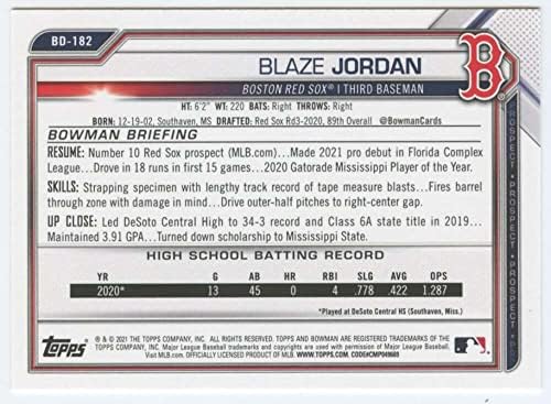 Боуман Драфт 2021 #BD-182 Блейз Джордан RC Нов Бостън Ред Сокс, MLB Бейзбол търговска карта
