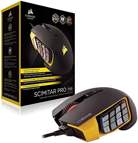 Детска мишката Corsair Scimitar Pro RGB - MMO, Оптичен сензор с резолюция от 16 000 dpi, 12 Програмируеми странични бутони, Жълт,